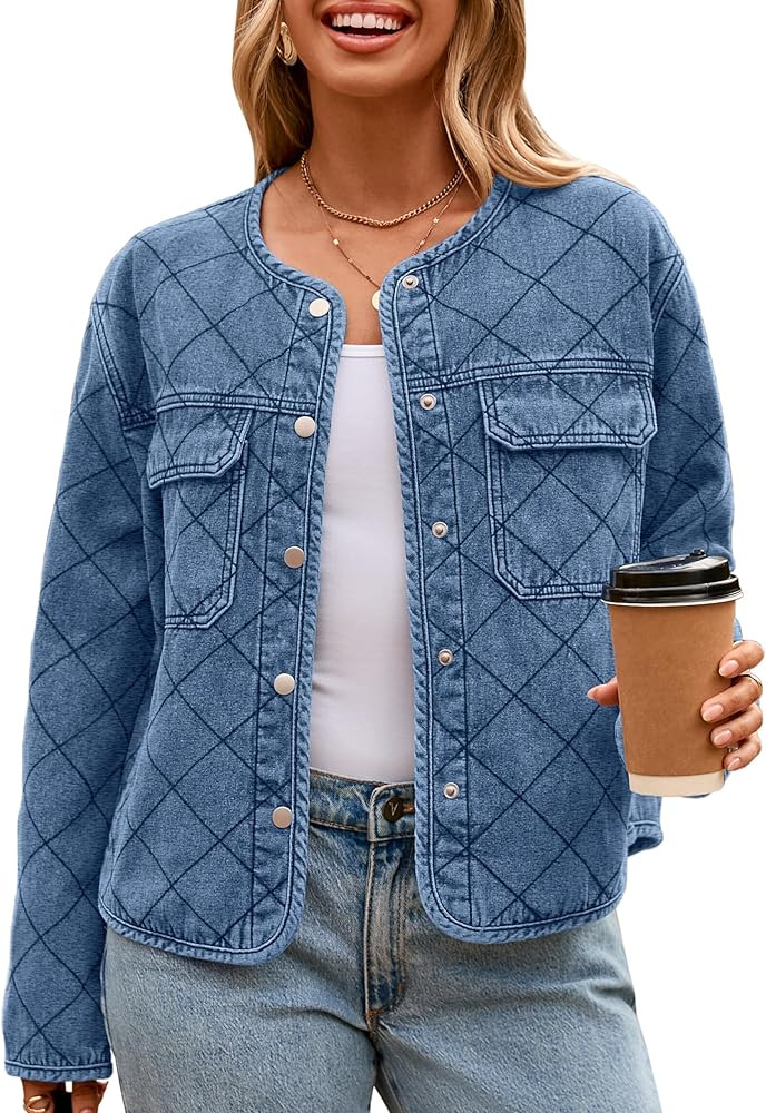 Glamaker Jean Jacket Women Denim Long Sleeve Button Down Diamond Quilted Lightweight Jackets Fall... | Amazon (US)