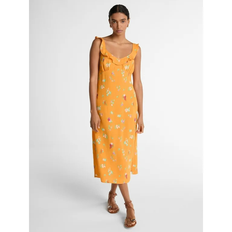 Scoop Women’s Satin Midi Dress with Ruffle Neckline, Sizes XS-XXL | Walmart (US)