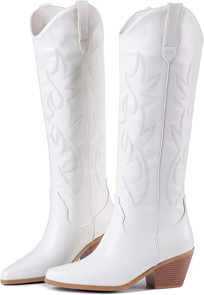 Ojiaoer Women's Embroidered Western Cowboy Boots, Fashionable Pull-On Almond Shaped Pointed Toe Knee | Amazon (US)