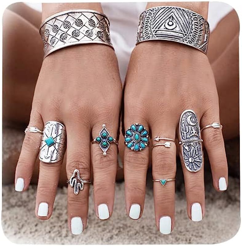 Turquoise Stackable Finger Ring Set Boho Knuckle Rings Midi Joint Carved Rings Western Jewelry for W | Amazon (US)