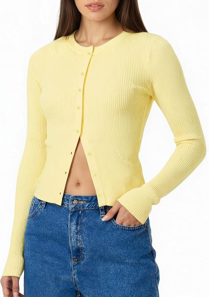 Baonmy Cardigan for Women Cropped Button Up Cardigan Long Sleeve Knit Sweaters Y2K Slim Fit Round... | Amazon (CA)