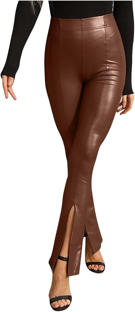 Women's Pu-Leather Pant Solid Color Trouser with Slit Legs and High Waist Dressy Leggings for Wom... | Amazon (US)