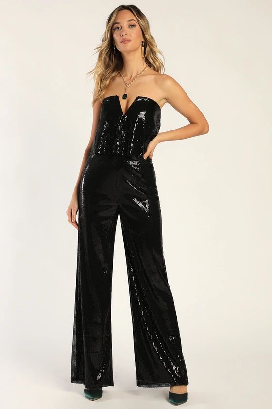 Power of Love Black Sequin Strapless Jumpsuit | Lulus (US)