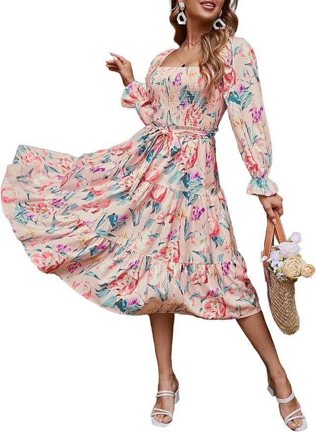 Amegoya Women's Boho Flowy Long Sleeve Square Neck Floral Midi Dress Smocked Spring Fall Wedding ... | Amazon (US)