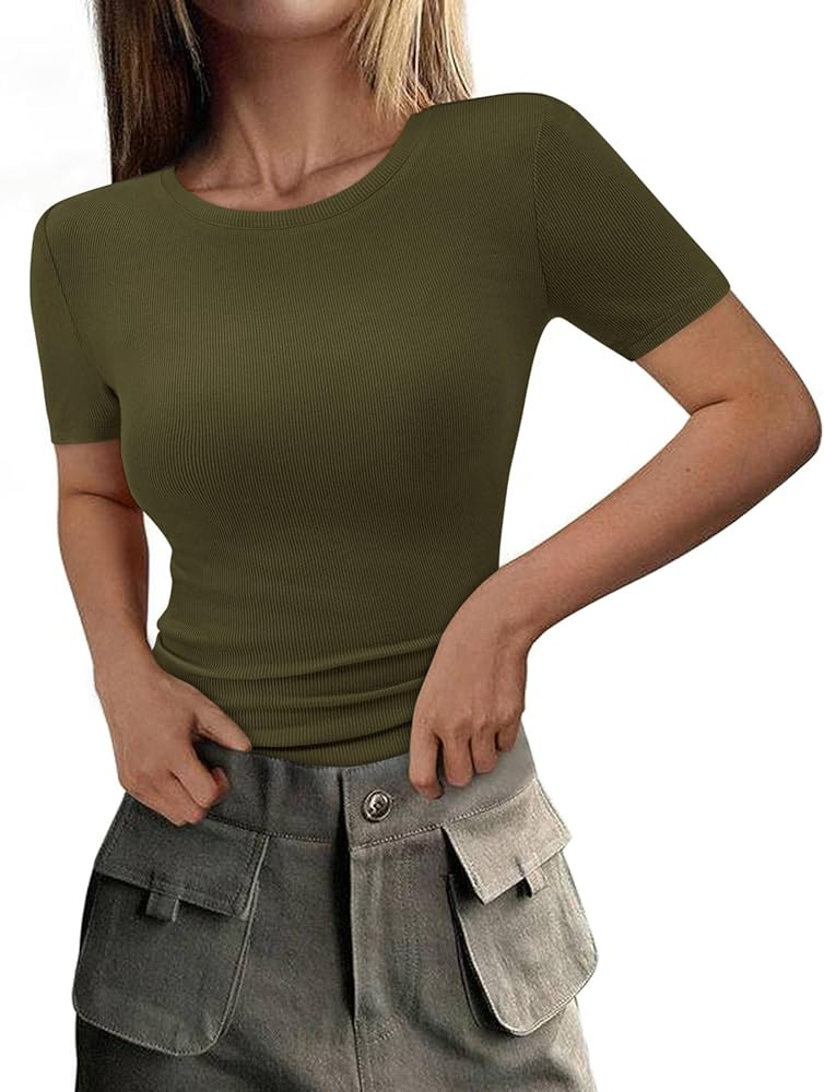 PRETTYGARDEN Women 2026 Summer Crew Neck Short Sleeve Tops Ribbed Knit Slim Fit Fashion Basic Tee... | Amazon (US)