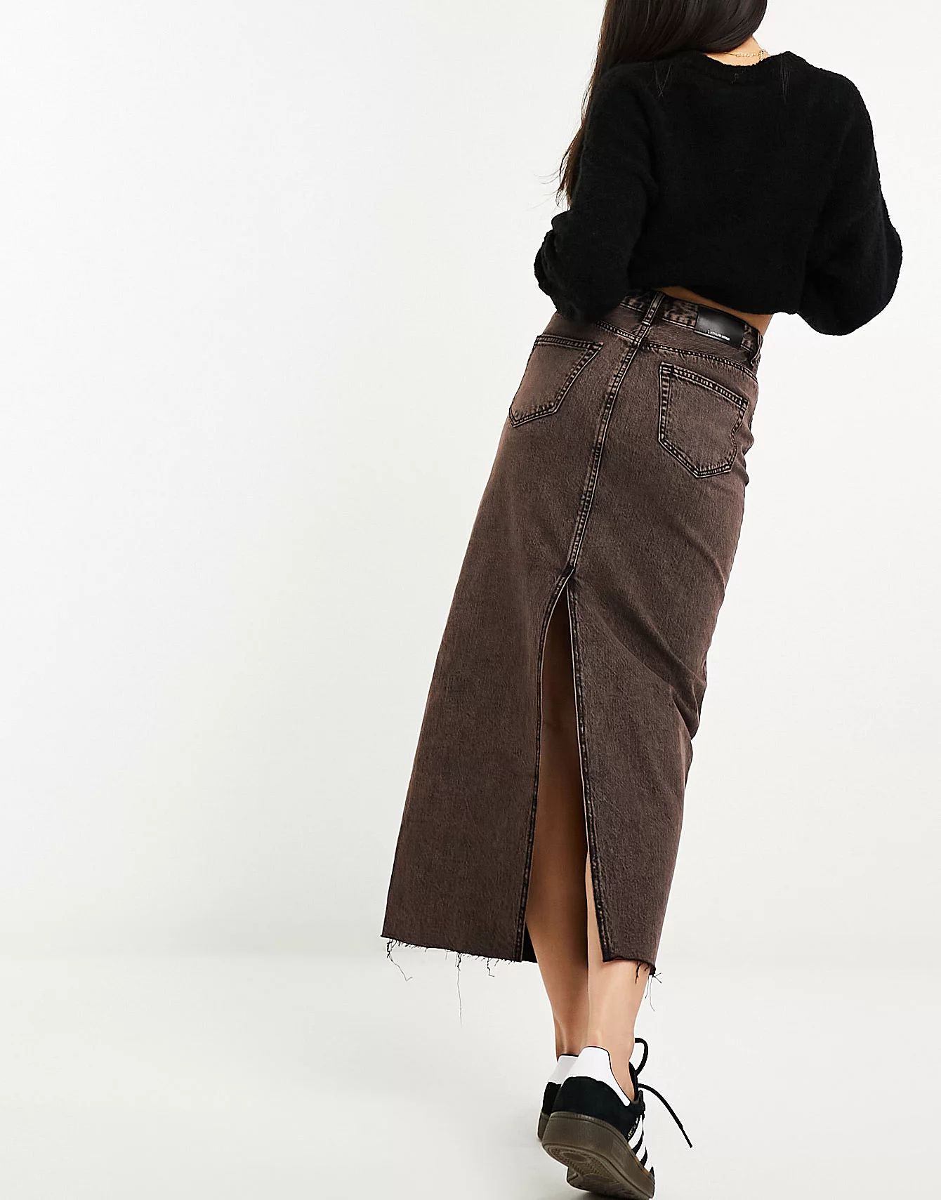 Stradivarius stretch denim midi skirt in brown | ASOS (Global)