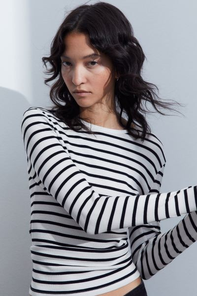 Ribbed Long-sleeved Top - White/striped - Ladies | H&M US | H&M (US + CA)