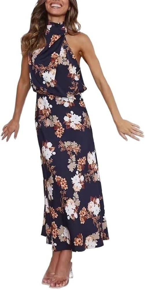 Women's Halter Neck Midi Party Dresses, High Neck Sleeveless Printed Sexy Midi Cocktail Dresses | Amazon (US)