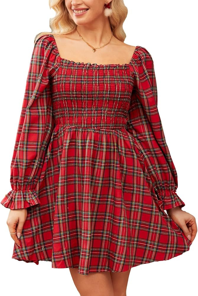 CUPSHE Women's Red Plaid Ruffle Cuff Fall Dress Square Neck Long Puff Sleeve Smocked Bodice Casua... | Amazon (US)