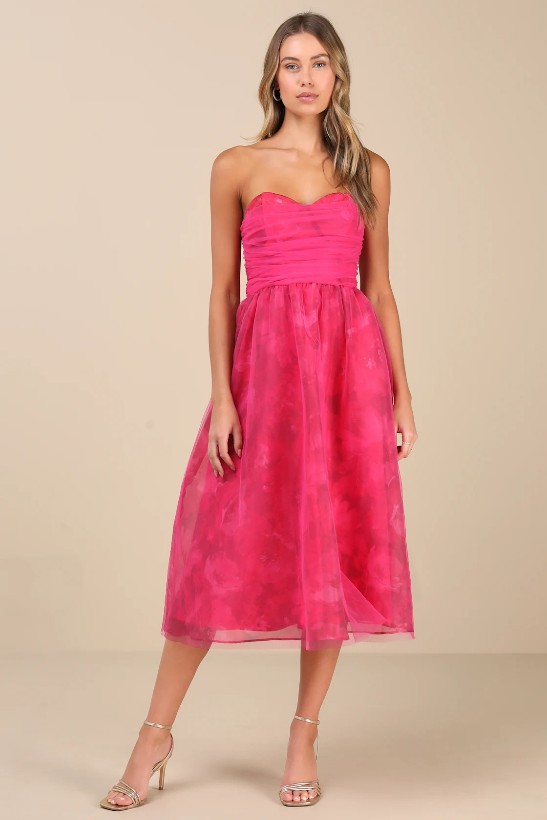 Splendidly Yours Pink Floral Organza Mesh Strapless Midi Dress | Lulus