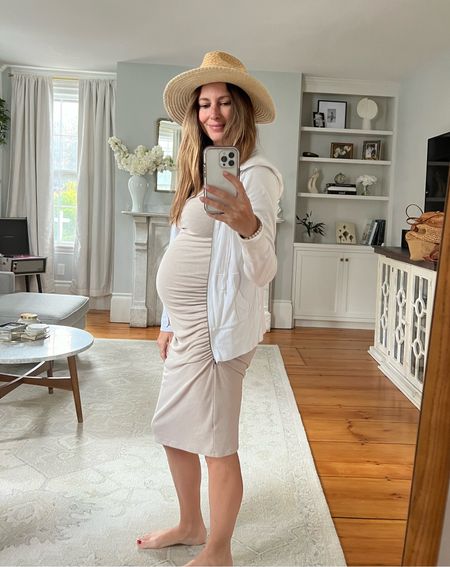 Ruched dress, side ruched dress, midi dress, bump friendly dress, wearing my normal size, maternity outfit, pregnancy outfit ideas, summer maternity outfits 

#LTKbump #LTKSeasonal #LTKfindsunder100