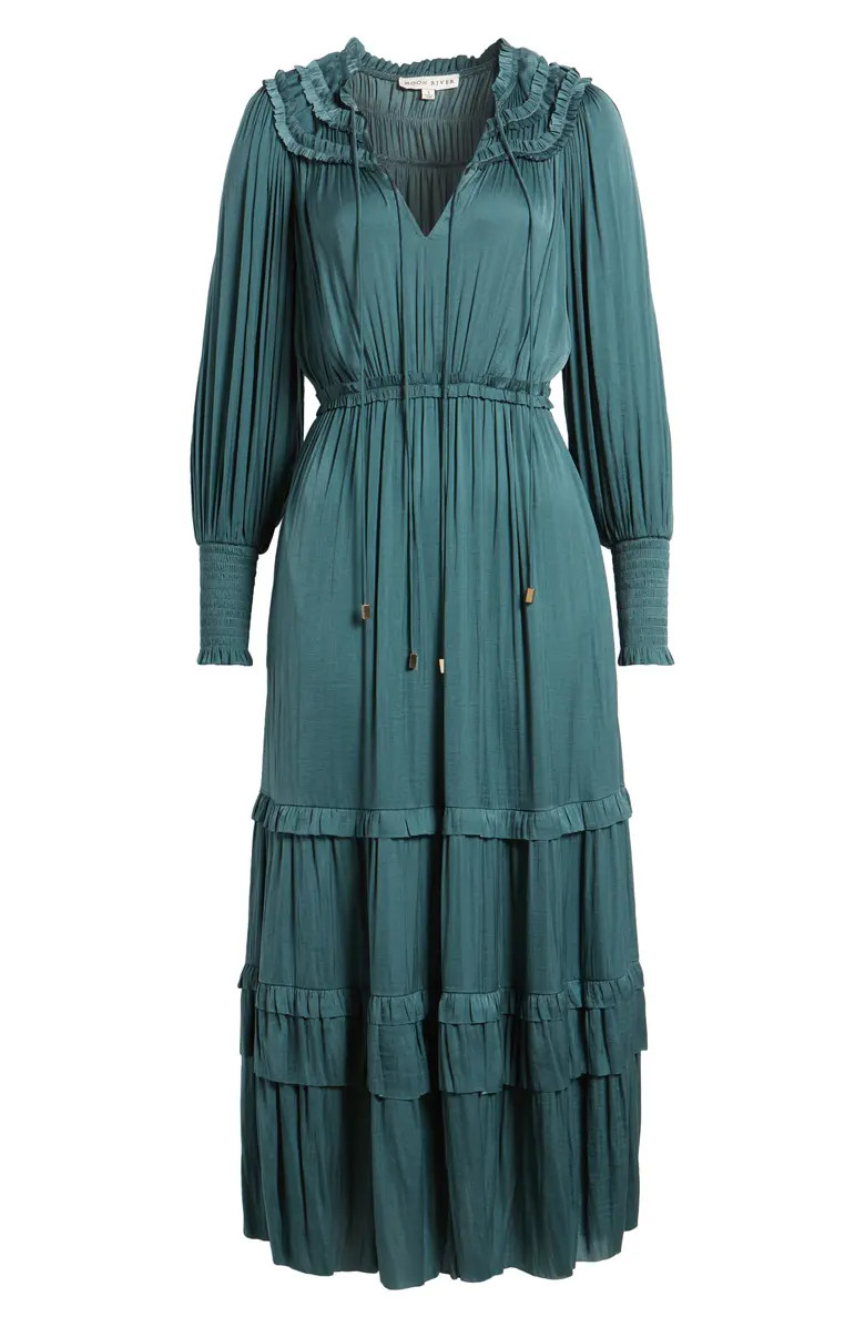Long Sleeve Crinkle Satin Tiered Maxi Dress | Nordstrom