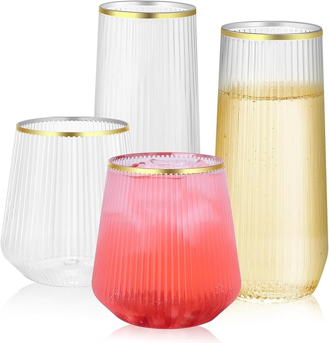 48 Pack Ribbed Plastic Wine Glasses – 24 x 9oz Stemless Champagne Flutes & 24 x 12oz Disposable... | Amazon (US)