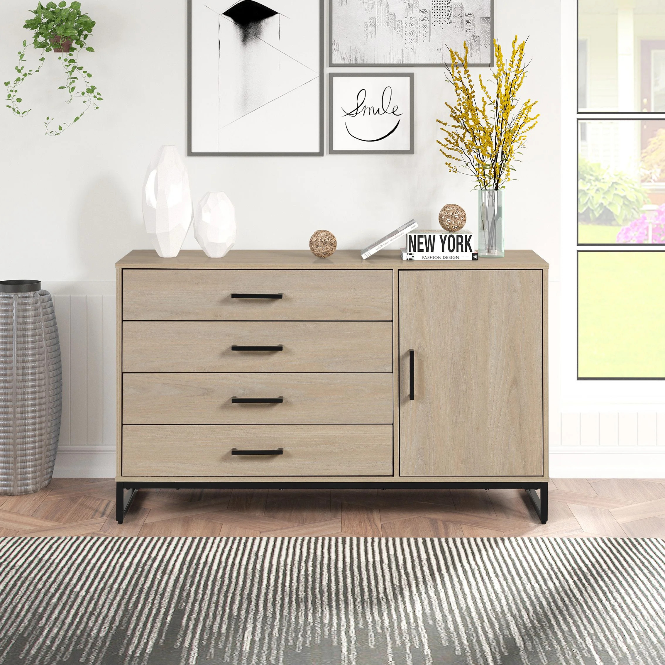Mainstays Industrial 4 Drawer Dresser W/ Door Cabinet, Beige Oak - Walmart.com | Walmart (US)