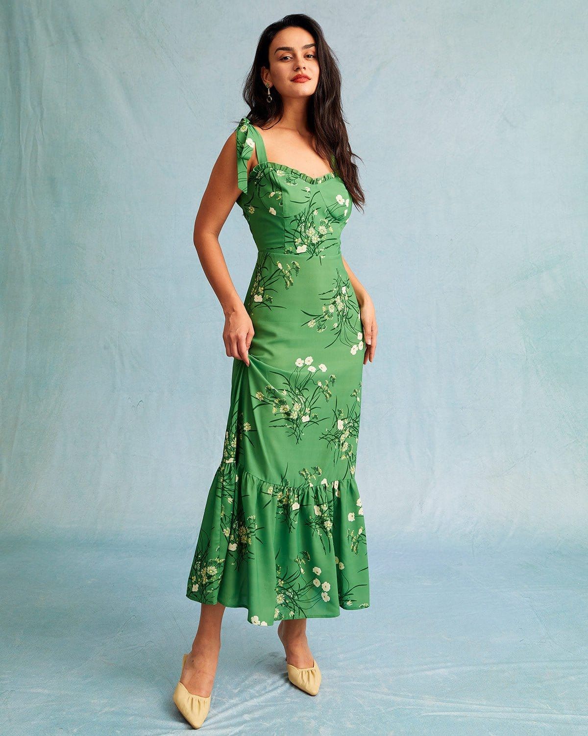 The Green Floral Tie Shoulder Ruffle Maxi Dress - Green Sleeveless Ruffle Floral Maxi Dress - Gre... | rihoas.com