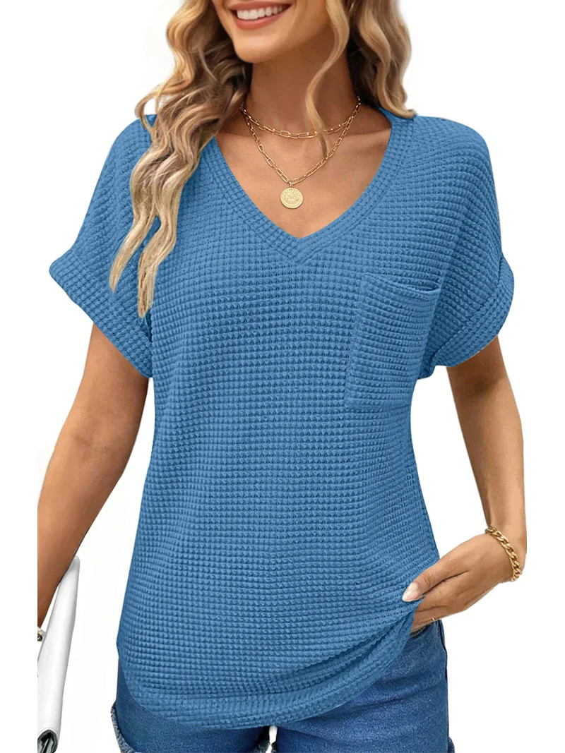 UVN Womens Summer Tops Short Sleeve V Neck Blouses Ladies Casual Waffle Knit Trendy Tunic Shirts | Walmart (US)