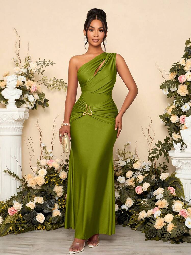 SOLERSUN Women's Solid Color Hollow Asymmetric Neck Metal Decorated Bodycon Dress Long Maxi Women Outfit | SHEIN