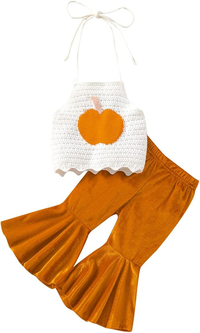 Toddler Baby Girl Halloween Outfit Knit Pumpkin Sleeveless Halter Crop Top Velvet Flare Bell Bottoms | Amazon (US)