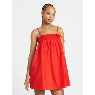 No Boundaries Cotton Poplin Smocked Mini Dress with Tie Straps, Women's XXS-XXL | Walmart (US)