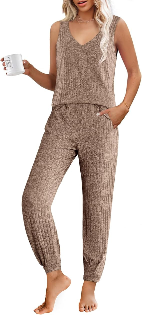 Ekouaer Womens Pajama Sets Sleeveless Tank Lounge Set Ribbed Knit Pj Loungewear Soft Sleepwear S-... | Amazon (US)