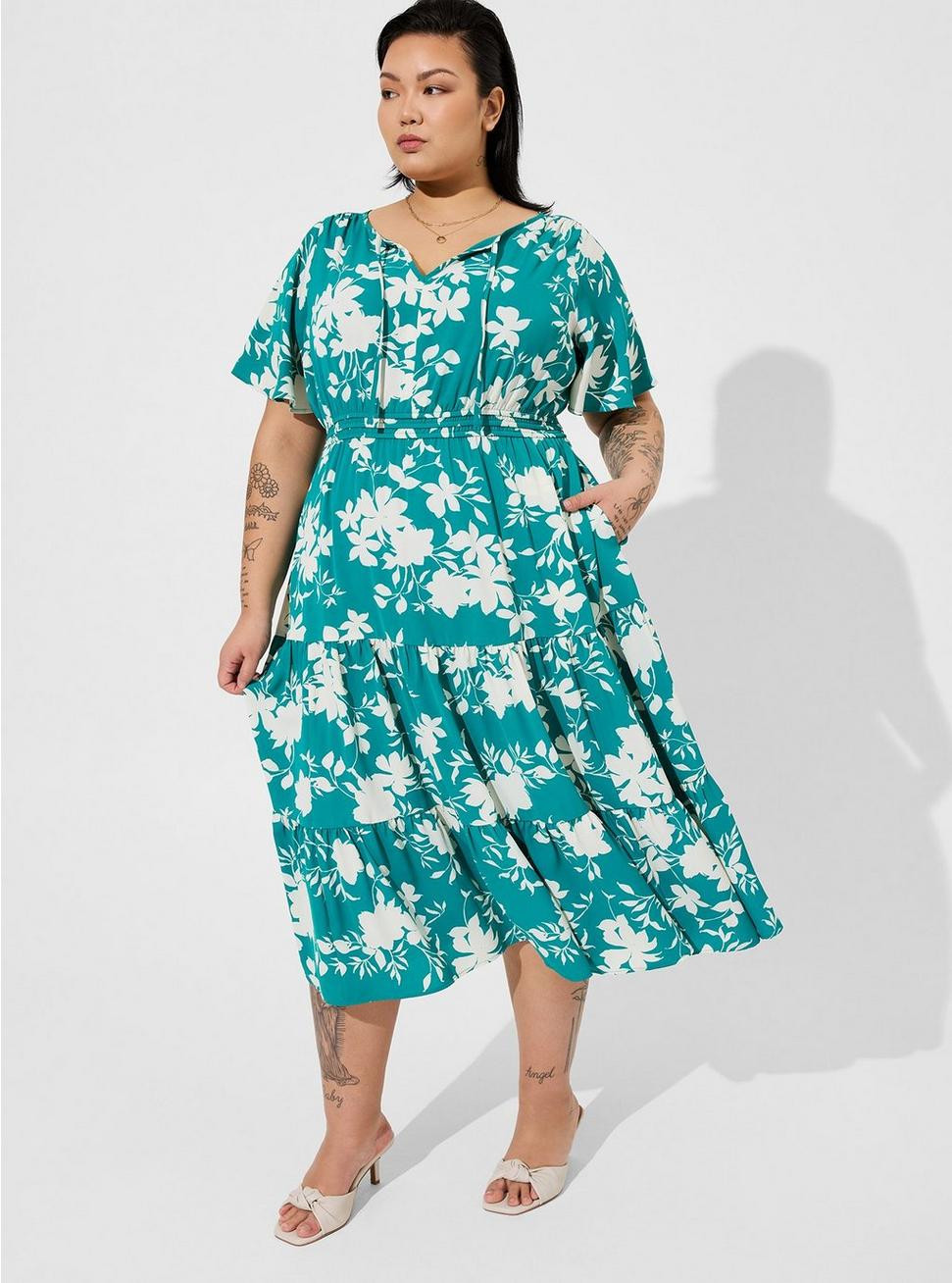 Tea Length Studio Crepe De Chine Tie Neck Tiered Dress | Torrid (US & Canada)