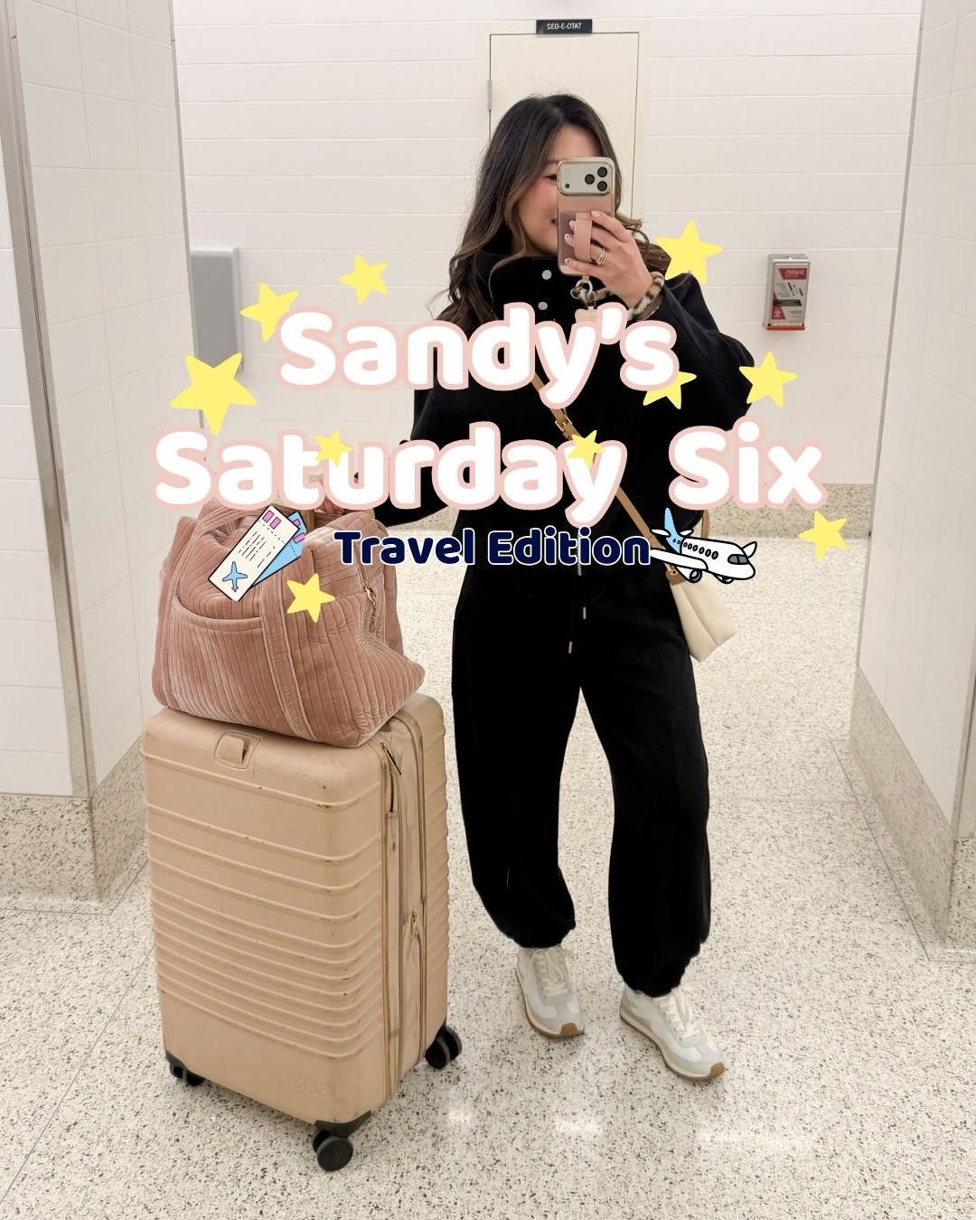 Sandy’s Saturday Six: Travel Edition
Obsessed with this 2 piece set!
Jacket: Small
Barrel Sweats: Medium
Sneakers: TTS

Power bank // Duffel bag // Suitcase // Travel medicine bag // Content creator // Airport essentials 