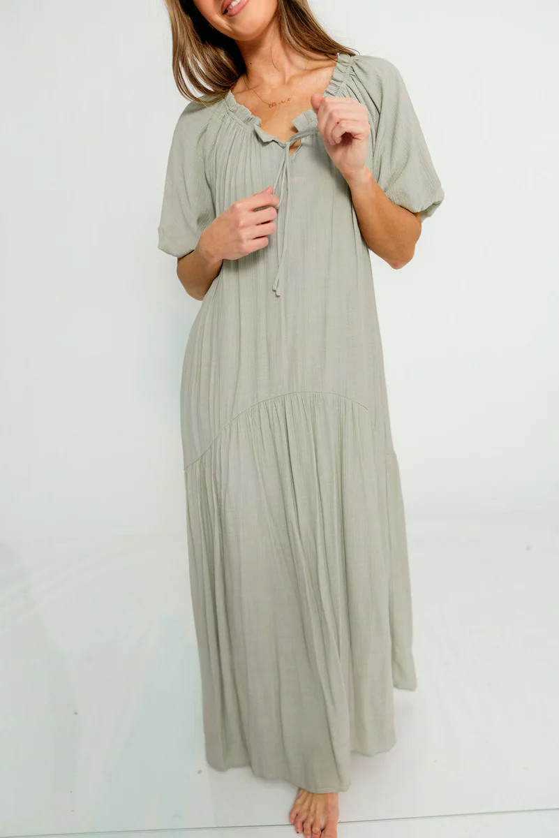 Christina Puffed Sleeve Maxi Dress in Dusty Sage - Bump Friendly | Worth Collective