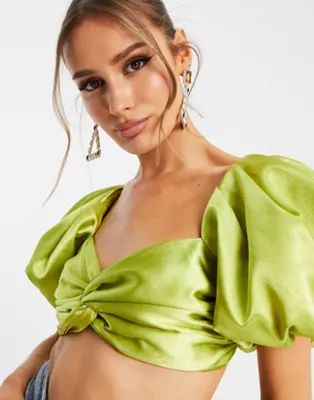 Yaura twist front puff sleeve top set in lime green | ASOS (Global)