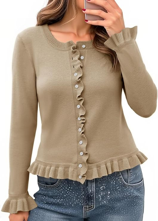 Saodimallsu Womens Ruffle Cardigan Sweaters Button Up Crew Neck Long Sleeve Cropped Sweater Cute ... | Amazon (US)