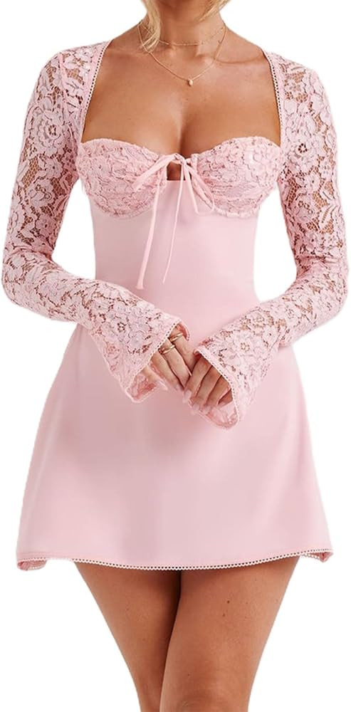 Women Lace Mini Dress Sexy Square Neck Lace Long Sleeves Backless Tie-Up A-Line Short Dresses Coc... | Amazon (US)