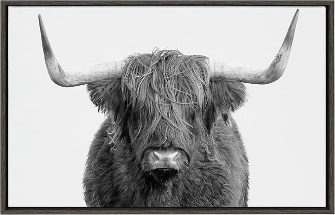 Kate and Laurel Sylvie Highland Cow Framed Canvas Wall Art by Amy Peterson, 23x33 Gray, Rustic Wa... | Amazon (US)