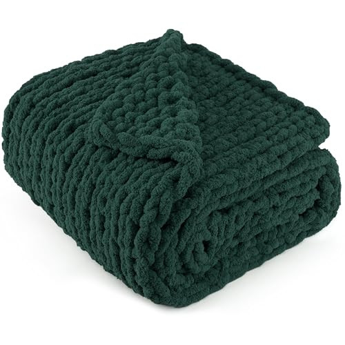 LONG CREATE Chunky Knit Throw Blanket 60"X 80", 100% Handmade with Soft Chenille Yarn, 4.4lbs Thick Cable Knitted Blankets, Large Rope Knot Crochet Throws for Couch Sofa Bed Home Decor, Dark Green | Amazon (US)