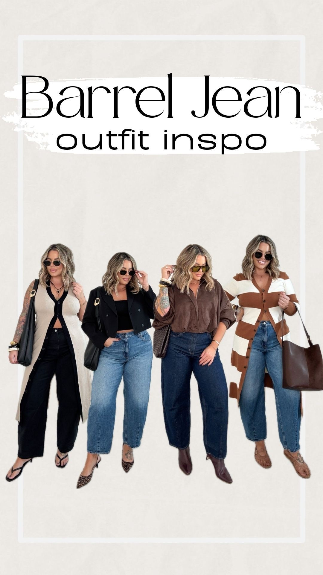 Left to right with size info 

ALL JEANS I RECOMMEND SIZING UP ONE SIZE & IF YOU ARE MY HEIGHT ( 5’5 ) OR TALLER GET THE LONG LENGTH. REGULAR LENGTH DOES NOT LOOK GOOD WAY TOO SHORT. 

Tan & black dress worn as a top size XL
Black blazer linked similar mine is old
Black tank L 
Brown jacket L 
Stripe dress worn as a top L 
#amazon #barreljeans #target #midsize 

#LTKMidsize #LTKFindsUnder50 #LTKSaleAlert