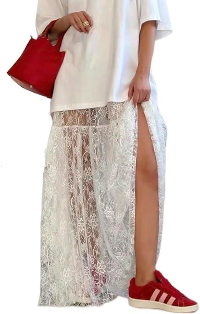 Women's Summer Sheer Lace Maxi Skirt Floral Lace A Line Mesh See Through Flowy Trendy Beach Long ... | Amazon (US)