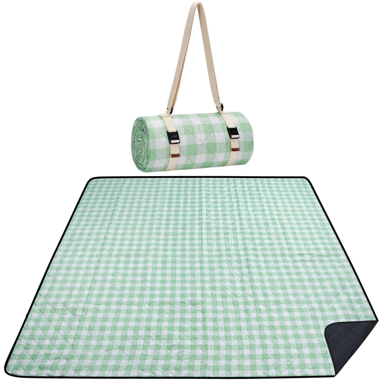 WILLOW WEAVE Picnic Blanket, 80''x80'' Waterproof Outdoor Blankets, Picnic Mat Washable for Beach, Picnic Blankets for Camping on Grass with Shoulder Strap - Green & White | Amazon (US)