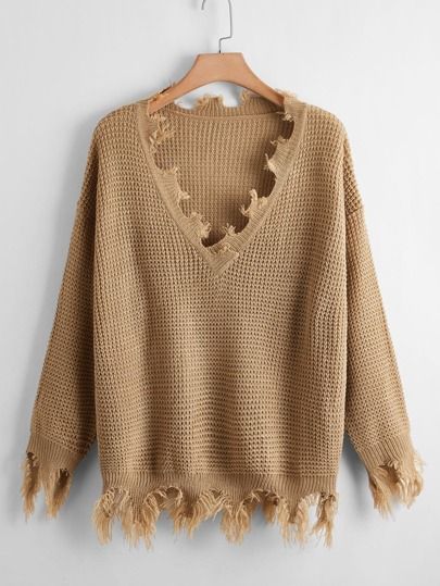 Plus V-neck Drop Shoulder Distressed Sweater | SHEIN