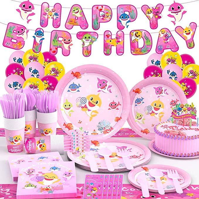 181 PCS Pink Shark Party Supplies Set for girls 20 Serves, Shark Plates, Napkins, Cups, Tableclot... | Amazon (US)