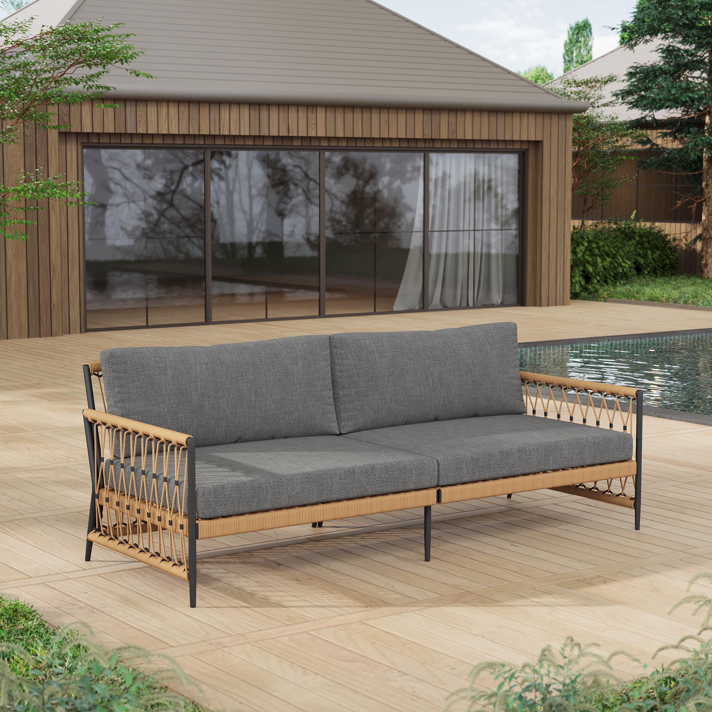 Ropipe Woven Rope Outdoor Sofa 3-Seater Sofa with Dark Gray Polyester Pillow Cushion | Homary