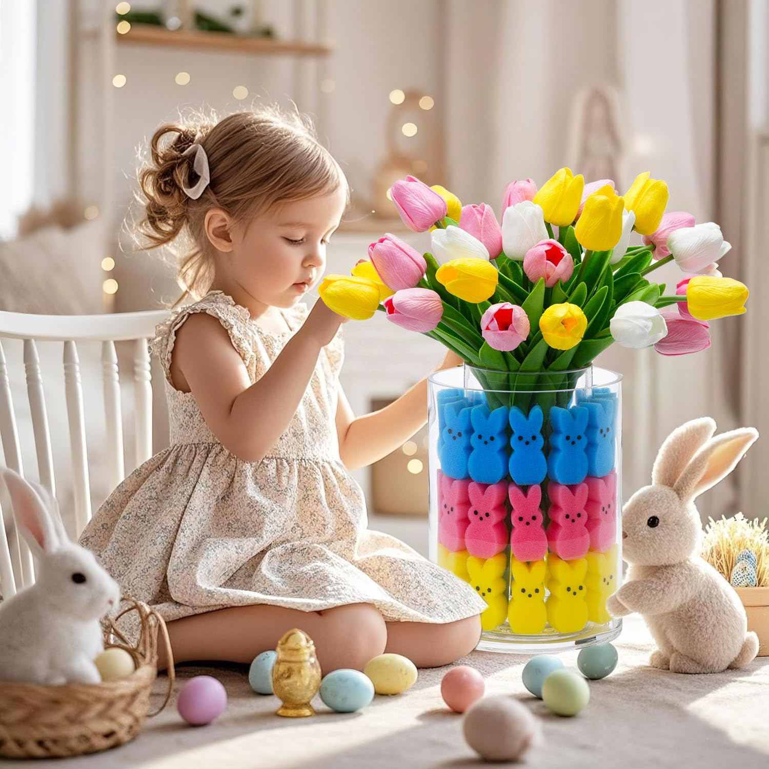 Easter Bunny Table Decorations - Easter Peeps Decor - Artificial Tulips with Bunnies Vase Filler ... | Amazon (US)