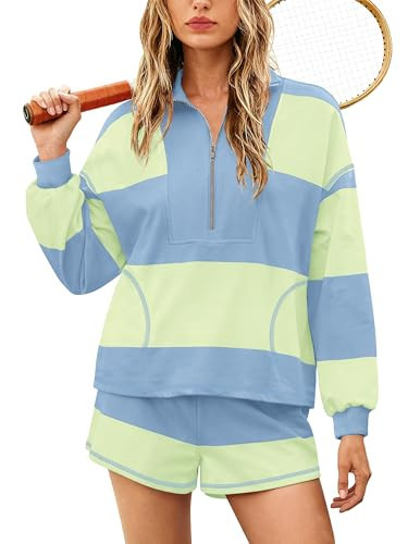 Yanekop Womens Oversized Striped Set Matching Workout Sets Lounge Sets 2 Piece Outfits Half Zip Pullover and Shorts Set(Light Blue Green,S) | Amazon (US)