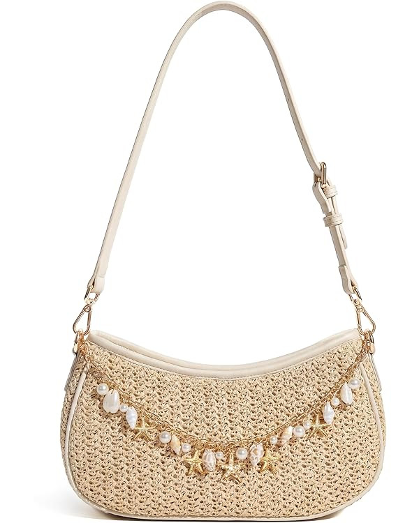 CHUNLI Straw Shoulder Bag for Women, Boho Woven Raffia Hobo Purse with Charm Chain, Adjustable St... | Amazon (US)