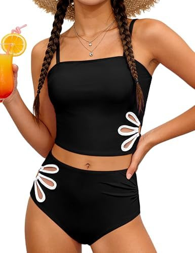 Girls Swimsuit Adjustable Straps Cut Out Swimwear 2 Piece Solid Color Tankini for Girls Bathing S... | Amazon (US)