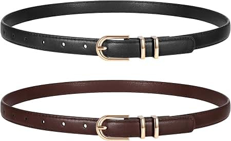 TRIWORKS 2 Pack Women Skinny Leather Belts for Jeans Pants Thin Faux Leather Belt with Gold Buckl... | Amazon (US)