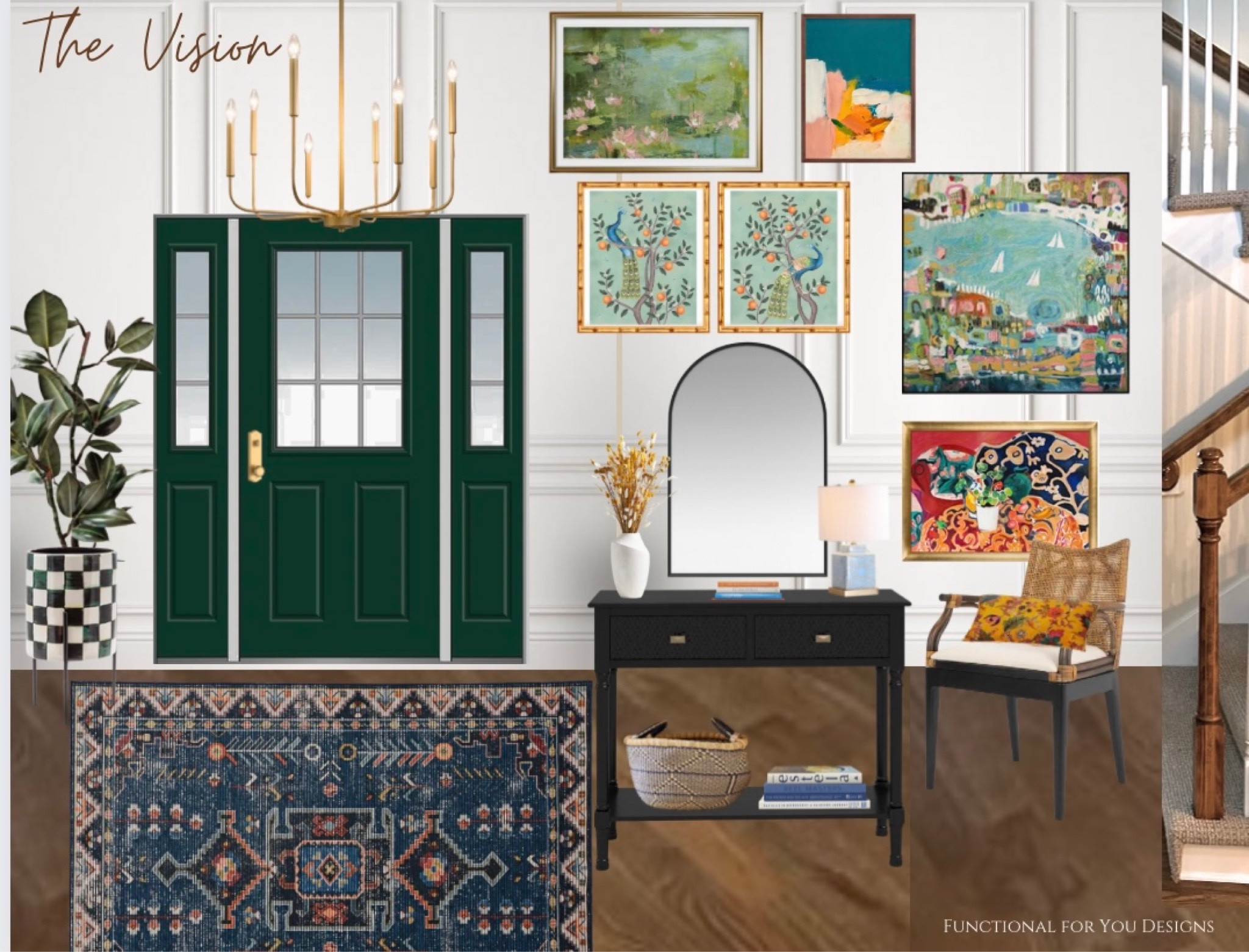 Colorful entry way decor with artwork, a console table, chair, rug, and transitional design chandelier. 

#LTKhome