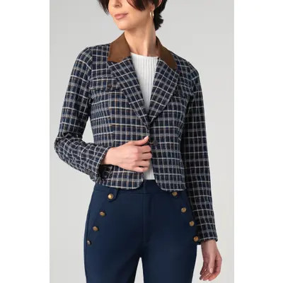 Liverpool Los Angeles Cropped Tartan Blazer in Navy/multi Tartan at Nordstrom, Size Large | Nordstrom