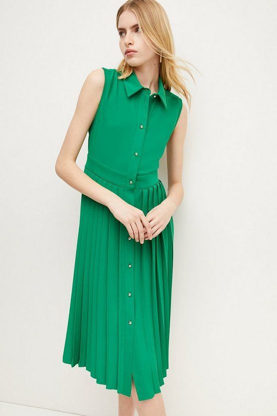 Soft Tailored Pleated Sleeveless Shirt Dress | Karen Millen US