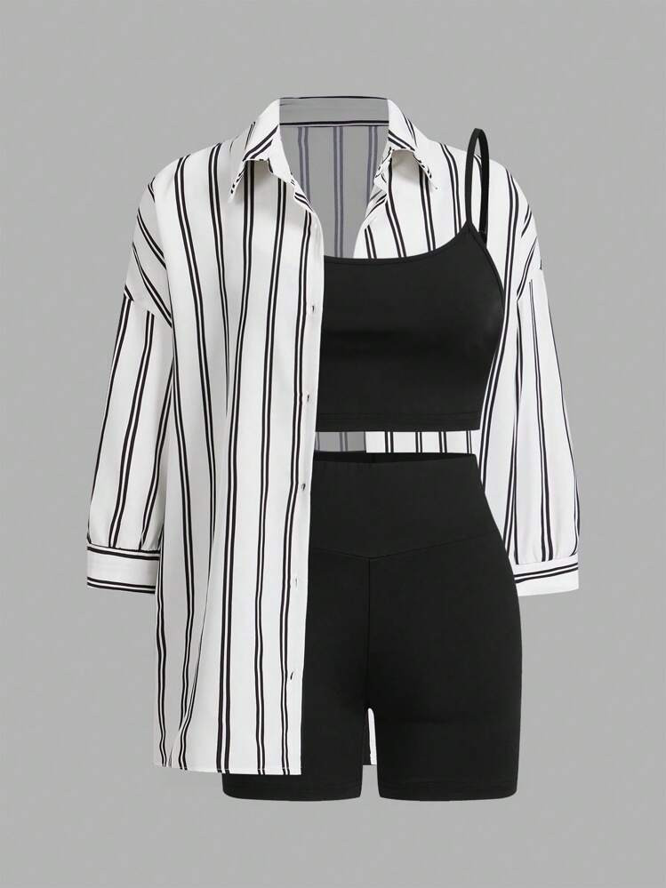 SHEIN Essnce 3pcs Women's Casual Sportswear Set - Sleeveless Top, Tight Shorts, And Shirt For Summer Outdoor Sports, Cycling, Tennis, Travel | SHEIN