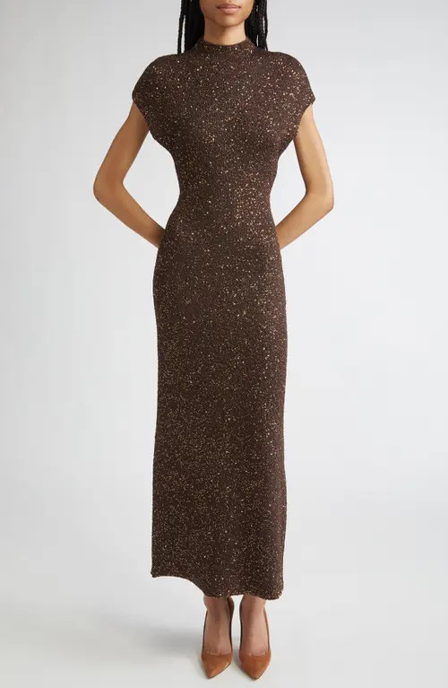 Lela Rose Funnel Neck Sequin Knit Maxi Dress in Chocolate at Nordstrom, Size Large | Nordstrom