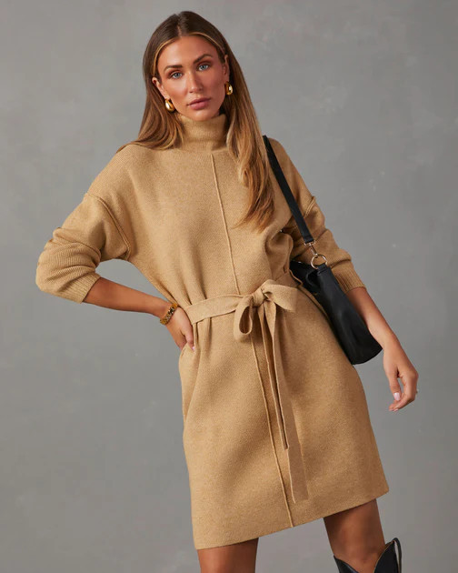 Marsella Tie Waist Mini Sweater Dress - Beige | VICI