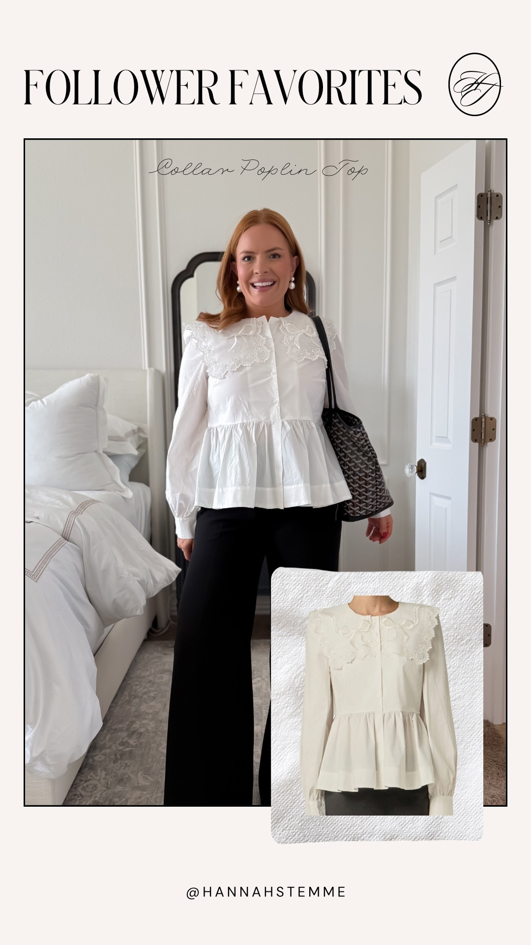 Collar Poplin Top

Statement blouse moment ✨
This is what I reach for when I want a simple outfit to feel special — great for office days, meetings, or dinner out with flats and a tote.

Why it’s a top item: the collar detail does all the work, lightweight cotton, and the peplum gives a flattering shape while pairing perfectly with trousers or denim.
Sizing: wearing Small, true to size with a roomy, comfortable fit.

#LTKmomlife #LTKgrwm #LTKWorkwear